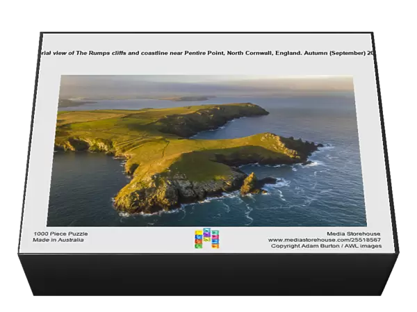 Aerial view of The Rumps cliffs and coastline near Pentire Point, North Cornwall, England. Autumn (September) 2021