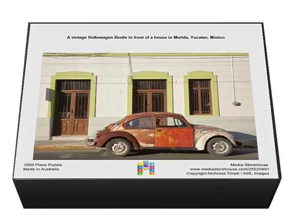 A vintage Volkswagen Beetle in front of a house in Merida, Yucatan, Mexico