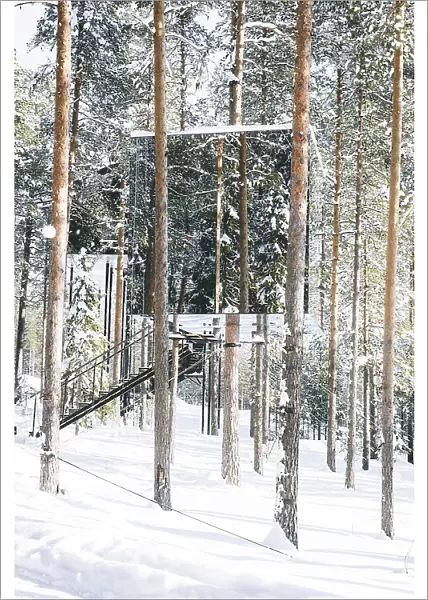 Cube shaped room on snowy trees with mirror walls, Tree hotel, Harads, Lapland, Sweden