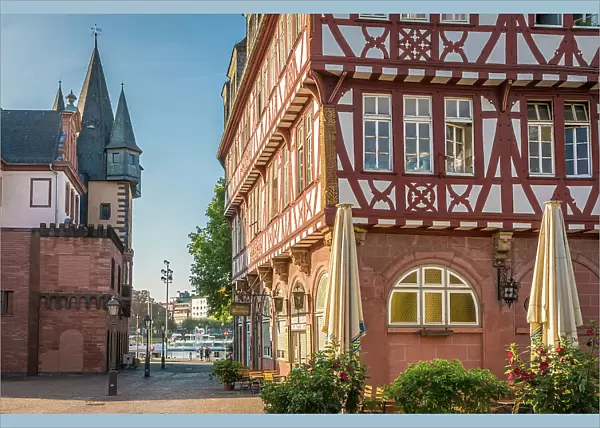 Historic half-timbered house Bertheym between river Main and Romer square, Frankfurt, Hesse, Germany