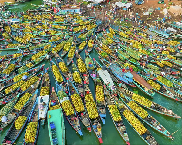 Aerial view of floating market of seasonal fruits on the boats in Kaptai Lake, Rangamati, Bangladesh
