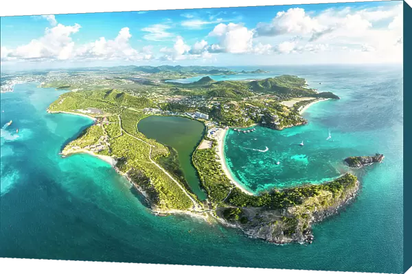 Aerial panoramic of Deep Bay, Galley Bay and St Johns town overlooking the Caribbean Sea, Antigua, Antigua & Barbuda