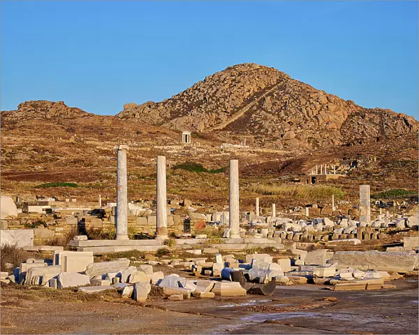 View towards the Mount Kynthos at sunset, Delos Archaeological Site, Delos Island, Cyclades, Greece