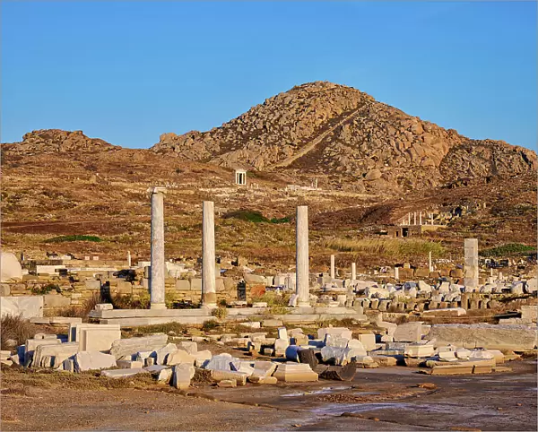 View towards the Mount Kynthos at sunset, Delos Archaeological Site, Delos Island, Cyclades, Greece