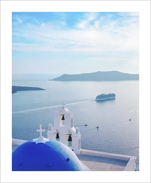 Three Bells of Fira, iconic blue domed church, Fira, Santorini or Thira Island, Cyclades, Greece