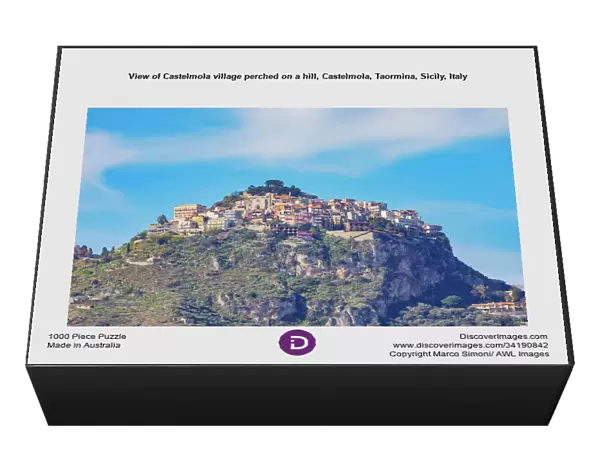 View of Castelmola village perched on a hill, Castelmola, Taormina, Sicily, Italy