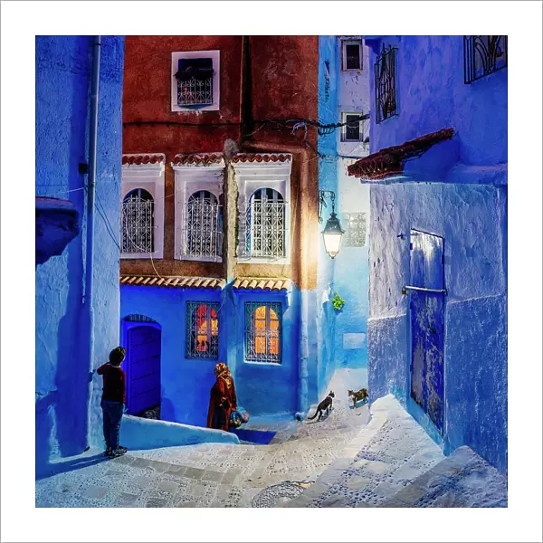 Chefchaouen, the Blue City in Morocco, North Africa. Children at night