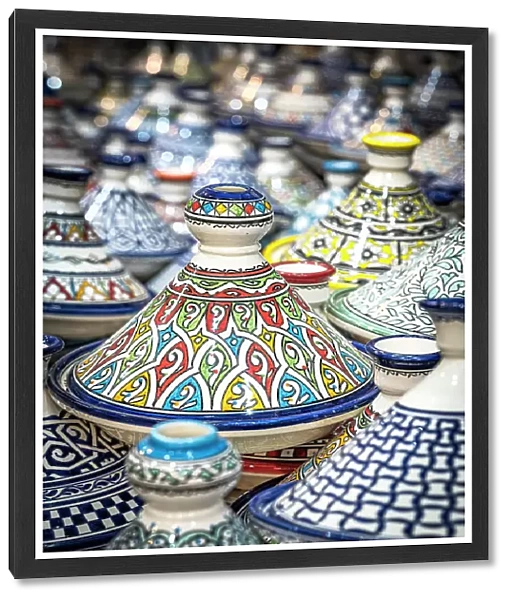 Handmade Tagine ceramic serving bowls in the souks of medina, Fes, Morocco