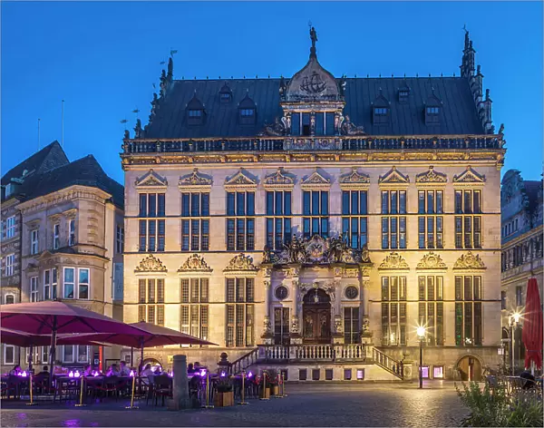 Historic Schuetting House on the market square in the evening, Bremen, Germany
