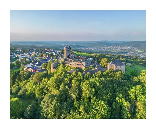 Aerial view at Greifenstein castle, Glockenmuseum, Lahn-Dill-Kreis, Lahn, Westerwald, Hesse, Germay