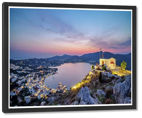 Church of Prophet Elias over the town of Agia Marina at dusk, Leros Island, Dodecanese, Greece