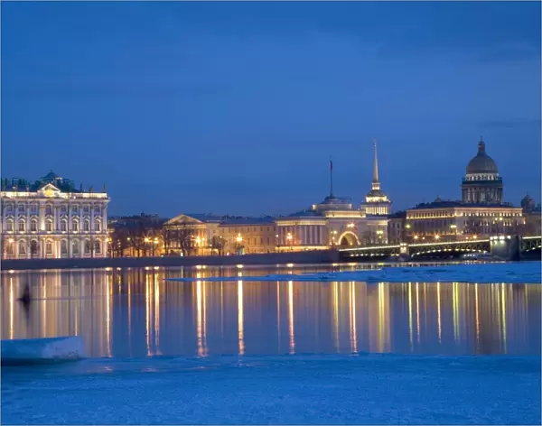 Russia, St. Petersburg; The partly frozen Neva River in Winter, with the Winter Palace