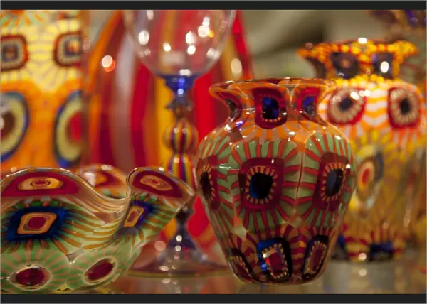 Venice, Veneto, Italy; the famed, colourful Murano Glass on display in a shop window