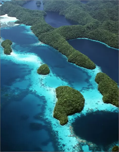 Aerial of lagoons, and reefs. Micronesia