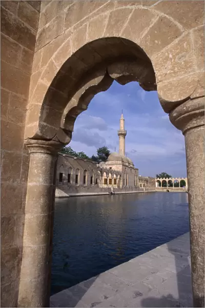 10127718. TURKEY Urfa Sanliurfa Rizvaniye Camii and fish lake seen through stone archway