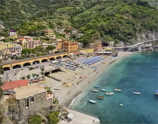 Italy, Liguria, Cinque Terre, Monterosso al Mare, Vista of the Old Town with sandy beach