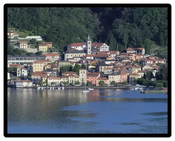 Italy, Lombardy, Lake Orta, looking across the lake to Pella