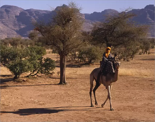 20042817. MALI Sahel Desert Touareg man on camel passing the Dyounde Mountains
