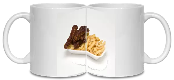 Food, Cooked, Meat, Sticky pork ribs with potato chips in a polystyrene foam tray on a