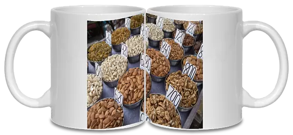India, New Delhi, Display of nuts & dried fruit in the spice market in the old city of Delhi