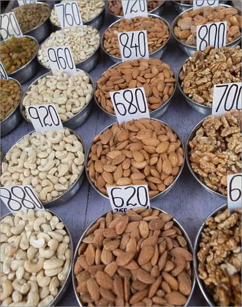 India, New Delhi, Display of nuts at the spice market in the old city of Delhi