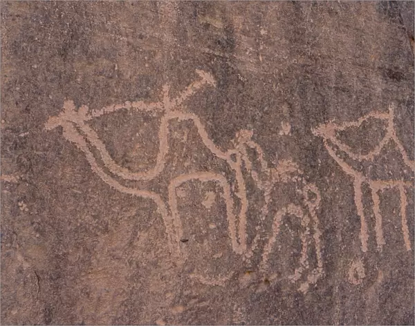 Ancient Thamudic rock art or petroglyphs in Wadi Rum in Jordan