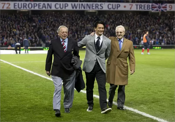 Rangers legends Eric Caldow, Michael Mols and Davie Wilson on the pitch at half time for the 140th anniversary