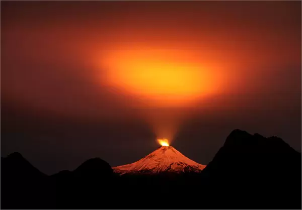 The Villarrica Volcano is seen at night in Pucon town