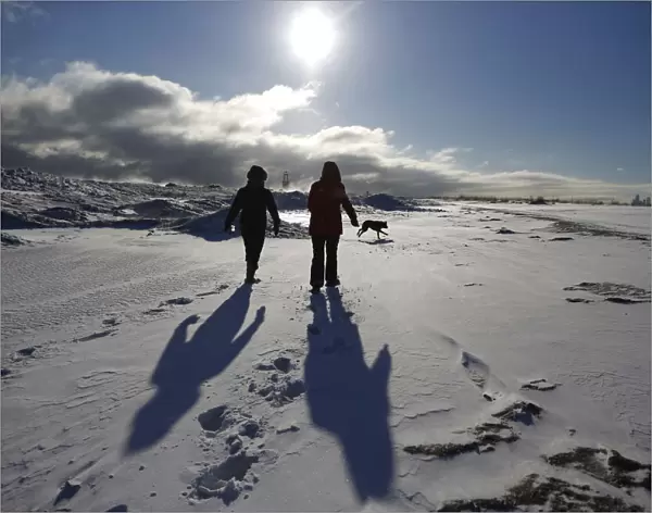 Two women walk their dogs along a frozen snow covered beach in Chicago
