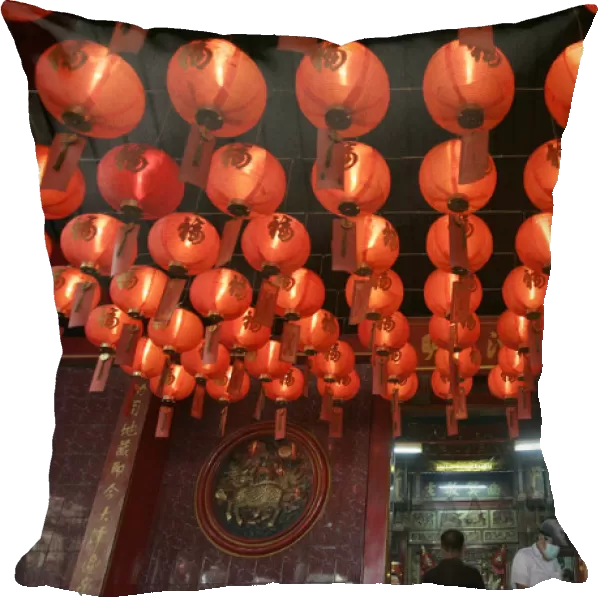 Chinese lanterns hang on a temple ceiling in Jakarta