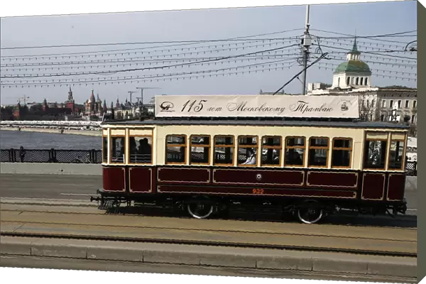 A historic tram rides during the parade to mark the 115th anniversary of Moscow tram