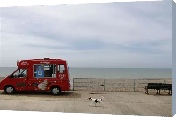 A dog passes by an ice-cream van by an empty beach at Brighton