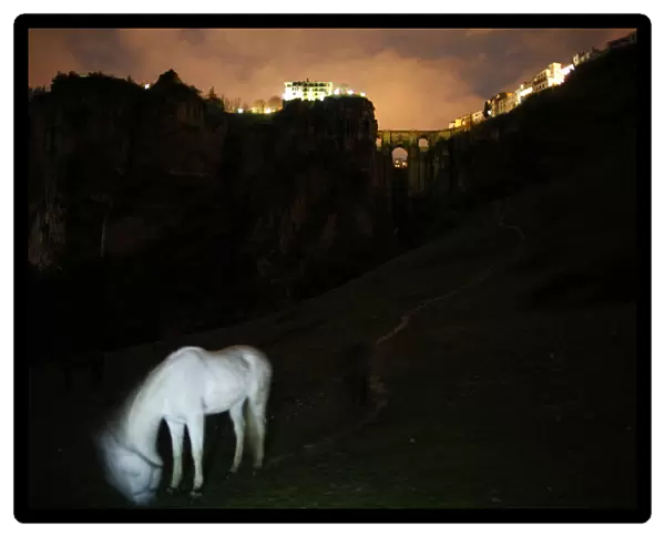 Horses graze in a field in front of the Puente Nuevo (New Bridge) during the Earth