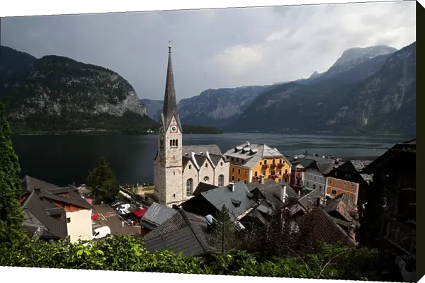 A general view of Hallstaettersee lake and the alpine village of Hallstatt