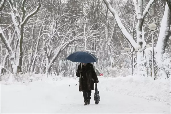 A woman walks under an umbrella in a park in central Kiev