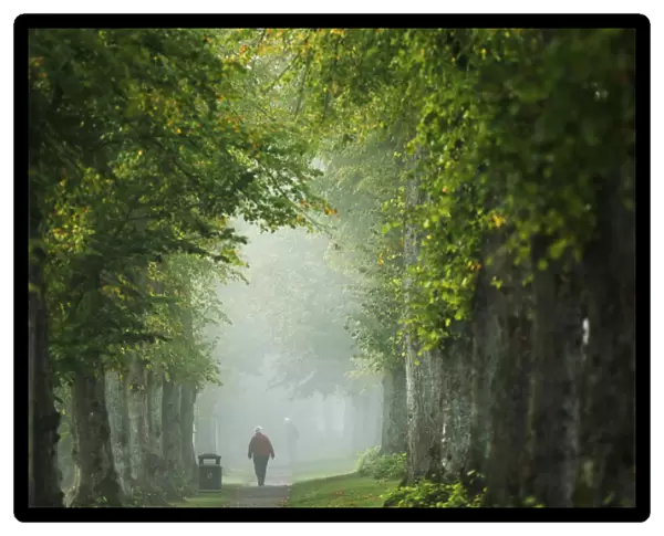 A woman walks through autumn mist at Arundel in Southern England