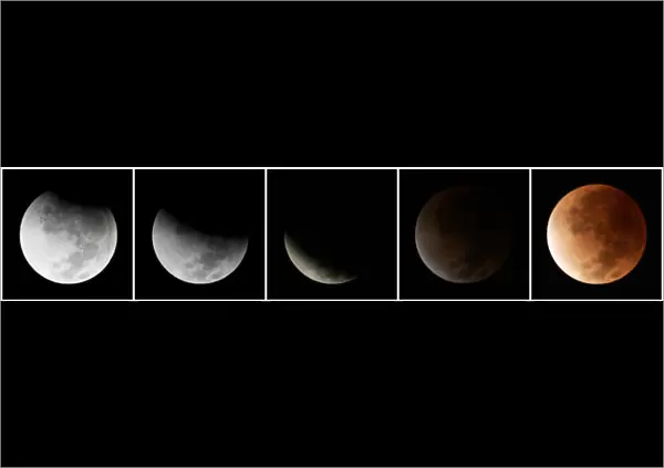 A combination photo shows phrases of a full lunar eclipse as it occurs over the North