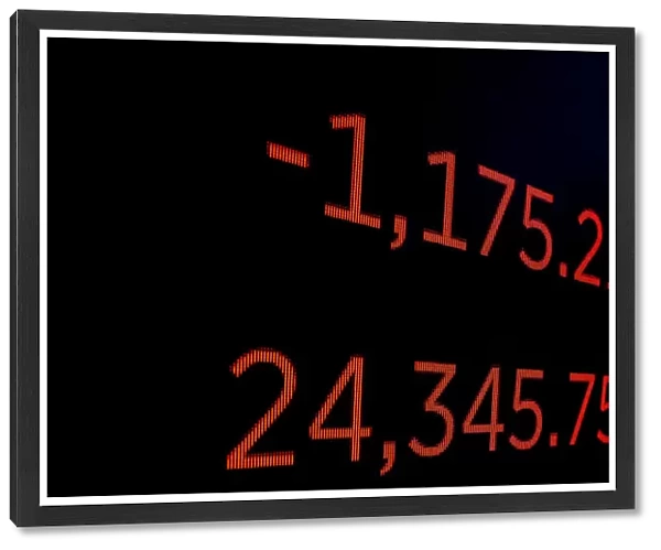 A screen displays the Dow Jones Industrial Average following the closing bell on the