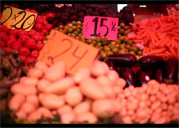 Prices of vegetables are displayed at a store in Mexico City