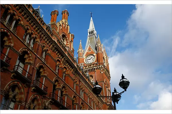 The St Pancras clock tower is pictured, London