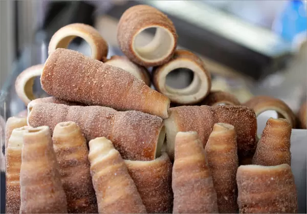 Traditional Trdelnik sweet pastries are seen on a market in Prague
