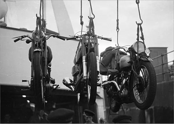Unloading bikes at Douglas 1951 Manx Grand Prix