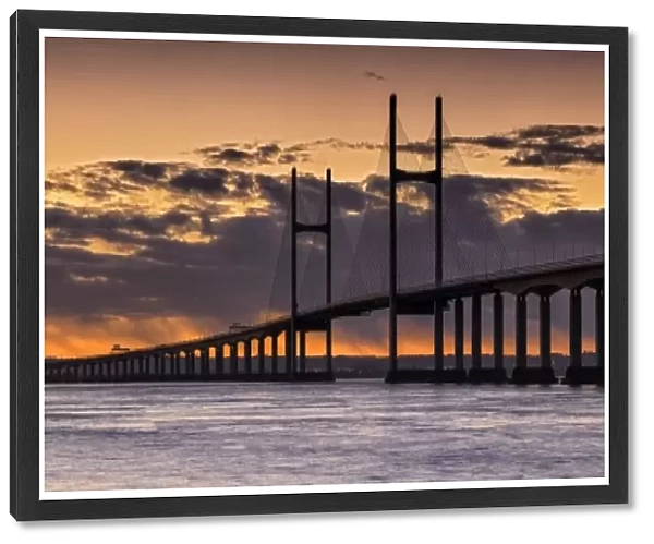 View of road bridge over river at sunrise, viewed from Sudbrook, Second Severn Crossing, River Severn, Severn Estuary