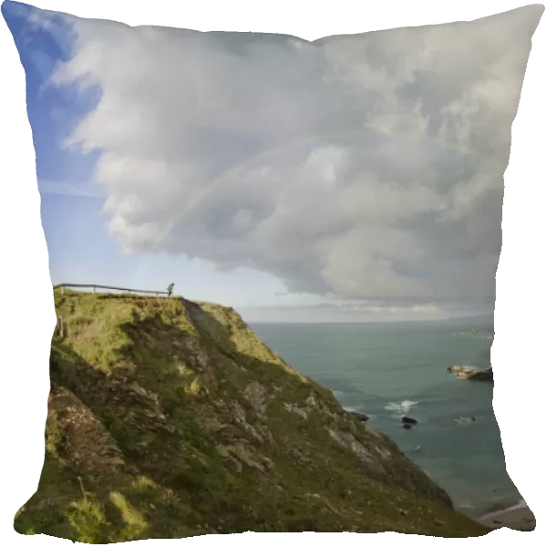 View of rainbow over coastline, Godrevy, St. Ives Bay, Cornwall, England, November