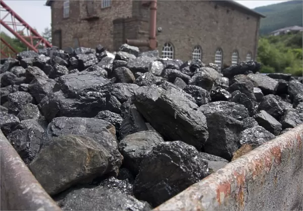 Mined coal at colliery museum, Rhondda Heritage Park Museum, Trenafod, South Wales, june