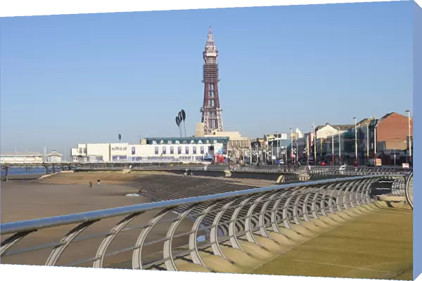 New promenade development in seaside resort town, Blackpool Tower in background, Blackpool, Lancashire, England
