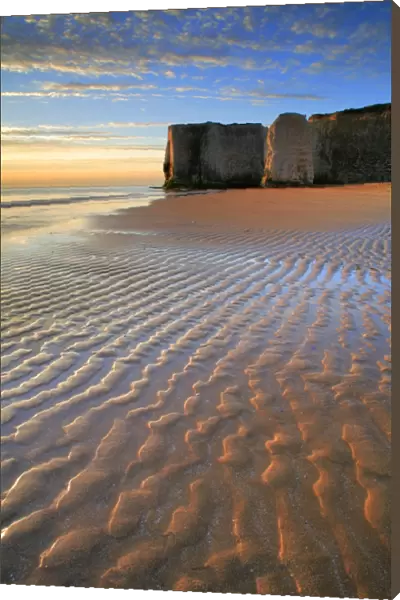 View of sandy beach and chalk cliffs at sunrise, Botany Bay, Kent, England, may