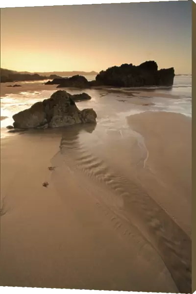 View of rocks on sandy beach at low tide, at sunrise, Whitsand Bay, Cornwall, England