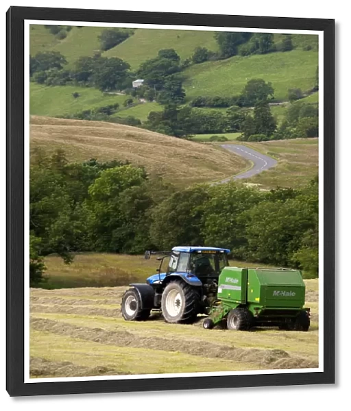 New Holland TM155 tractor with McHale f550 round baler, big baling for silage on upland meadow, England, july