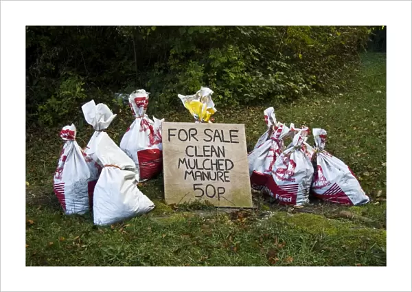 For Sale, clean mulched manure sign, with filled bags, Lulworth, Dorset, England, october